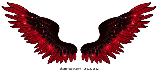 Beautiful glowing black red glittery fiery phoenix wings, vector