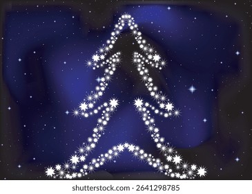 Beautiful glowing Christmas tree made of stars on a cosmic background. Happy New Year vector
