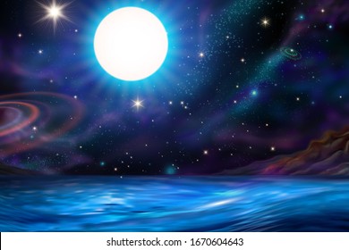 Beautiful glowing full moon and galaxy upon tranquil ocean background