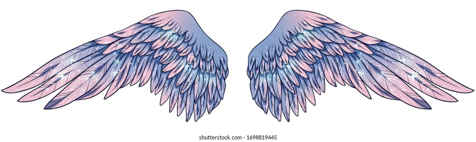 Beautiful glowing glittery angelic blue pink vector wings  