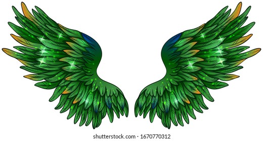 Beautiful glowing glittery shiny green wings, vector