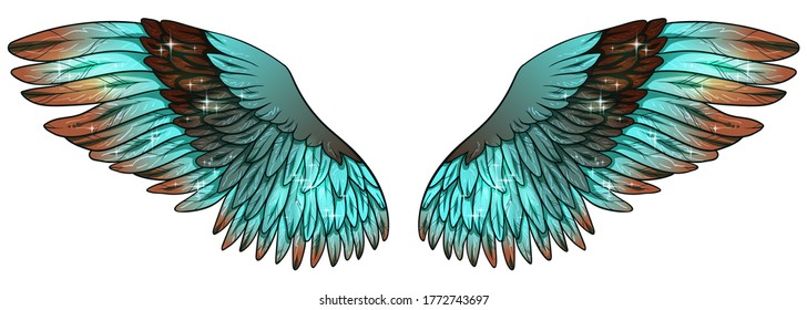 Beautiful glowing glittery turquoise brown vector wings