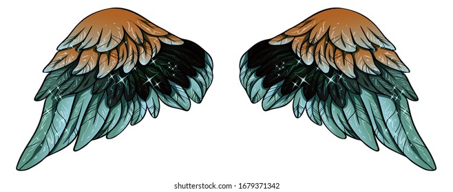 Beautiful glowing gradient glittery green black orange wings, vector