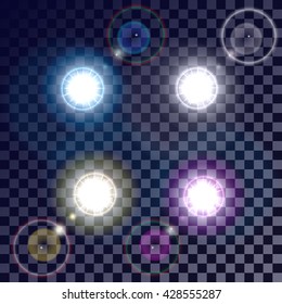 Beautiful glowing lens flare effects in white pink blue and yellow colors. Vector lens flare. Vector sparkles set. Diamonds sparkling effect. Glowing lens flare stars. 