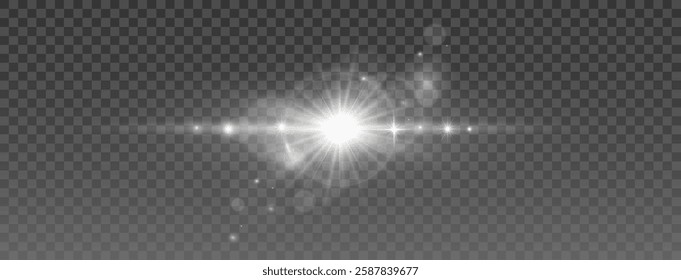 A beautiful glowing light burst effect with sparkling particles and a lens flare, shining brightly on a transparent background, ideal for design overlays and photo editing