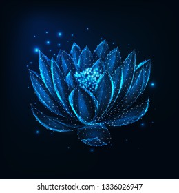 Beautiful glowing low polygonal floating waterlily, lotus flower with stars on dark blue background. Ayurveda, spiritual yoga symbol. Futuristic wireframe design vector illustration.