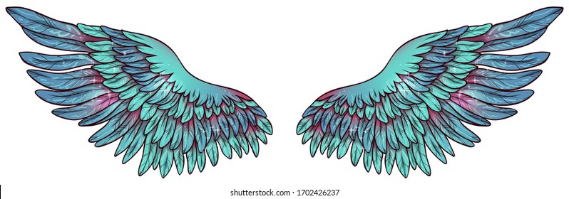 Beautiful glowing magic angel wings, blue green with touch of red color, vector