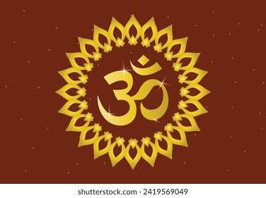 Beautiful Glowing Om or ohm or rum, with mandala in gold color shades for wall of Temples, Houses and for interior works etc.