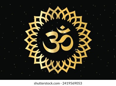 Beautiful Glowing Om or ohm or rum, with mandala in gold color shades for wall of Temples, Houses and for interior works etc.