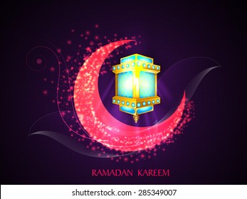 Beautiful glowing pink moon with illuminated creative lantern on stylish purple background for Islamic holy month of prayers, Ramadan Kareem celebration.