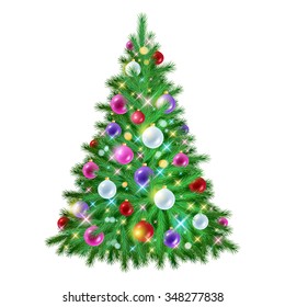 Beautiful glowing shiny colorful christmas tree with decorations. New year holiday vector illustration. Red, pink, white and purple christmas balls.