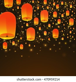 Beautiful glowing sky lanterns floating on shiny brown background.