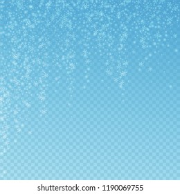 Beautiful glowing snow Christmas background. Subtle flying snow flakes and stars on blue transparent background. Adorable winter silver snowflake overlay template. Likable vector illustration.