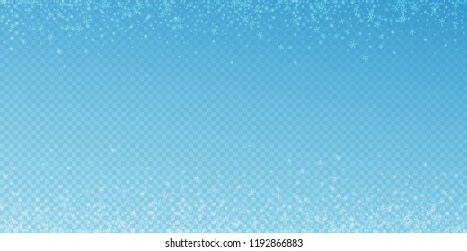 Beautiful glowing snow Christmas background. Subtle flying snow flakes and stars on blue transparent background. Amusing winter silver snowflake overlay template. Overwhelming vector illustration.