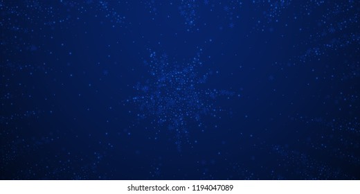 Beautiful glowing snow Christmas background. Subtle flying snow flakes and stars on dark blue night background. Appealing winter silver snowflake overlay template. Unequaled vector illustration.