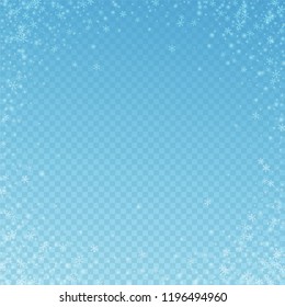 Beautiful glowing snow Christmas background. Subtle flying snow flakes and stars on blue transparent background. Amusing winter silver snowflake overlay template. Fair vector illustration.