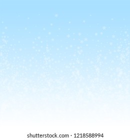 Beautiful glowing snow Christmas background. Subtle flying snow flakes and stars on winter sky background. Authentic winter silver snowflake overlay template. Wonderful vector illustration.