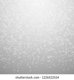 Beautiful glowing snow Christmas background. Subtle flying snow flakes and stars on light grey background. Alive winter silver snowflake overlay template. Trending vector illustration.