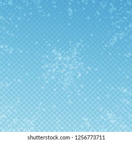 Beautiful glowing snow Christmas background. Subtle flying snow flakes and stars on blue transparent background. Actual winter silver snowflake overlay template. Attractive vector illustration.