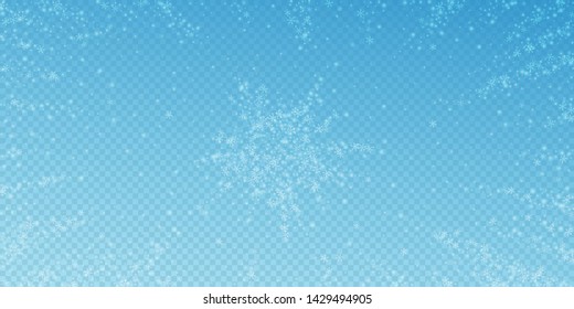 Beautiful glowing snow Christmas background. Subtle flying snow flakes and stars on blue transparent background. Appealing winter silver snowflake overlay template. Uncommon vector illustration.