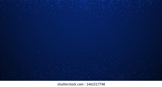 Beautiful glowing snow Christmas background. Subtle flying snow flakes and stars on dark blue night background. Amusing winter silver snowflake overlay template. Perfect vector illustration.