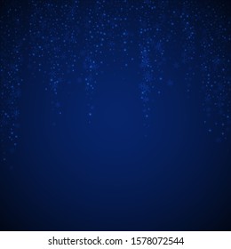 Beautiful glowing snow Christmas background. Subtle flying snow flakes and stars on night sky background. Alive winter silver snowflake overlay template. Unique vector illustration.
