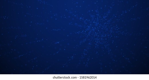 Beautiful glowing snow Christmas background. Subtle flying snow flakes and stars on dark blue night background. Astonishing winter silver snowflake overlay template. Bold vector illustration.