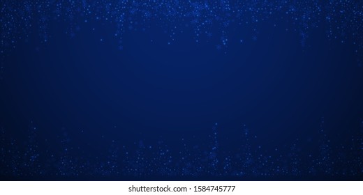 Beautiful glowing snow Christmas background. Subtle flying snow flakes and stars on night sky background. Admirable winter silver snowflake overlay template. Comely vector illustration.