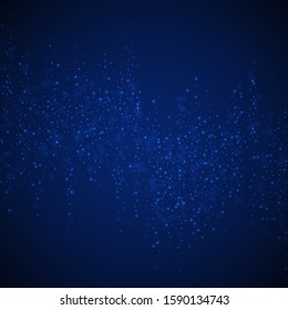 Beautiful glowing snow Christmas background. Subtle flying snow flakes and stars on night sky background. Alluring winter silver snowflake overlay template. Appealing vector illustration.