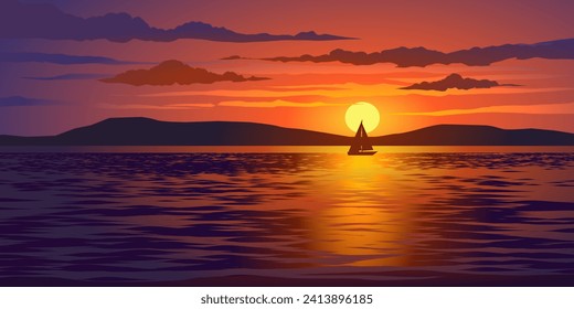 Beautiful glowing sunset in ocean with sailing boat and island