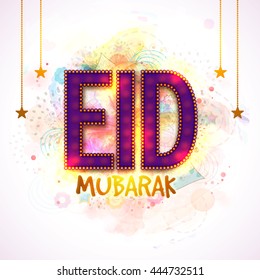 Beautiful Glowing Text Eid Mubarak with Hanging Golden Stars, Creative Eid Mubarak Typographical Background, Elegant Greeting Card or Invitation Card for Muslim Community Festival celebration.