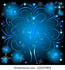 Beautiful glowing winter tree on the background of snowflakes