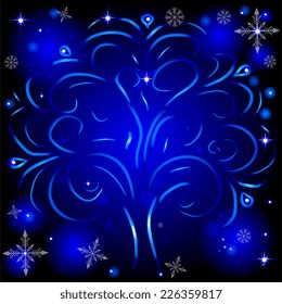 Beautiful glowing winter tree on the background of snowflakes