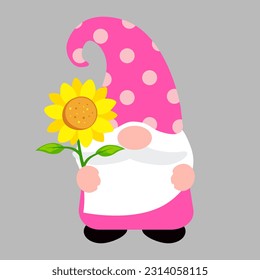 Beautiful Gnome with sunflower, isolated vector illustration