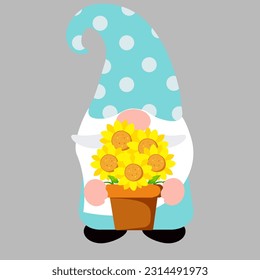 Beautiful Gnome with sunflower, isolated vector illustration