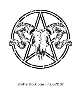 Beautiful goat skull with pentagram. Drawn by hand. Dark gothic illustration. It can be used for printing on t-shirts, postcards, or used as ideas for tattoos.