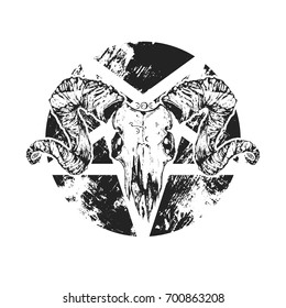 Beautiful goat skull with pentagram. Drawn by hand. Dark gothic illustration. It can be used for printing on t-shirts, postcards, or used as ideas for tattoos.