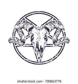 Beautiful goat skull with pentagram. Drawn by hand. Dark gothic illustration. It can be used for printing on t-shirts, postcards, or used as ideas for tattoos.