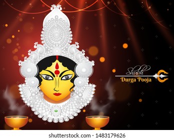 Beautiful Goddess Durga Face with dhunuchi dhoop illustration on brown lighting rays background for Shubh Durga Pooja celebration poster design.