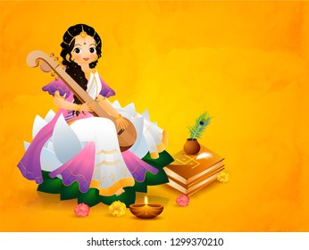 Beautiful goddess saraswati character with festival elements on orange background for Vasant Panchami festival.