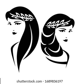 beautiful goddess woman with laurel wreath black and white vector portrait