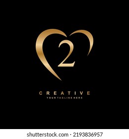 beautiful gold 2 logo template design with love. gold number 2 logo with heart. icon 2. love logo. suitable for business logo, product promotion, marketing, company, annivers, birthday, celebration
