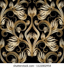 Beautiful gold 3d floral vector seamless pattern. Vintage ornamental damask background. Hand drawn decorative ornament with abstract elegance flowers, leaves, dots, swirl lines. Ornate textured design