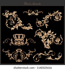 Beautiful Gold Baroque Vintage Elements. Traditional Decorative Elements For Frames, Brochure, Invitation Cards And Other.