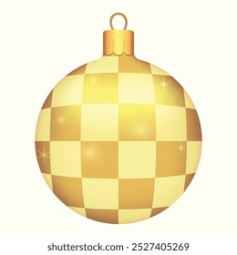 Belas bolas de Natal de ouro com padrões quadrados em um fundo branco com brilho. Decorações para árvore de Ano Novo e design de Natal. Objeto realista de vetor Ilustração 10 EPS