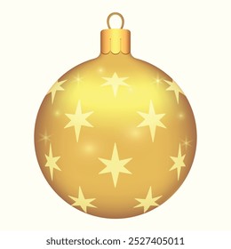 Belas bolas de Natal de ouro com padrões de estrelas em um fundo branco com brilho. Decorações para árvore de Ano Novo e design de Natal. Objeto realista de vetor Ilustração 10 EPS