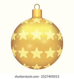 Belas bolas de Natal de ouro com padrões de estrelas em um fundo branco com brilho. Decorações para árvore de Ano Novo e design de Natal. Objeto realista de vetor Ilustração 10 EPS