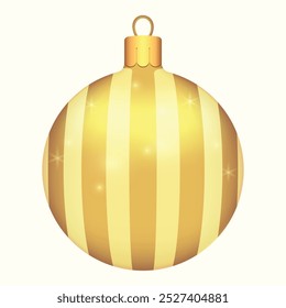 Belas bolas de Natal de ouro com listras padrões em um fundo branco com brilho. Decorações para árvore de Ano Novo e design de Natal. Objeto realista de vetor Ilustração 10 EPS