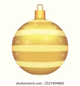 Belas bolas de Natal de ouro com listras padrões em um fundo branco com brilho. Decorações para árvore de Ano Novo e design de Natal. Objeto realista de vetor Ilustração 10 EPS