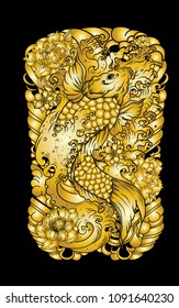 Beautiful gold color and coloring book koi fish.Traditional Japanese carp with poppy flower and peach blossom on water splash background.Koi fish tattoo design for wallpaper.